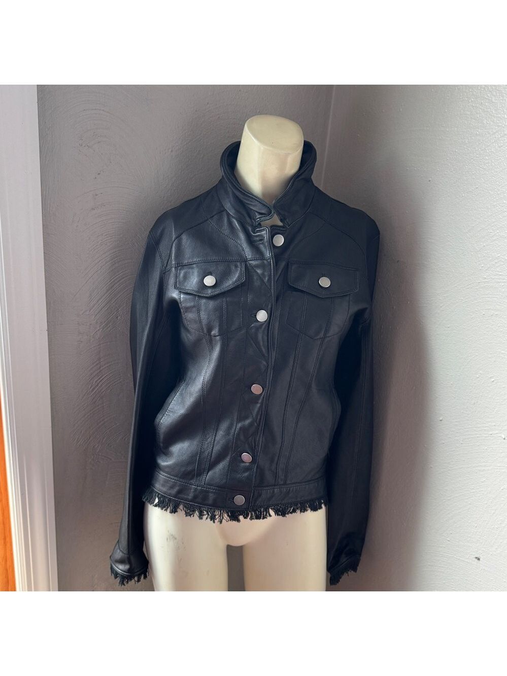 JKT NYC Alexa Patina Fringe Button Front Leather Jacket black Xs nwt